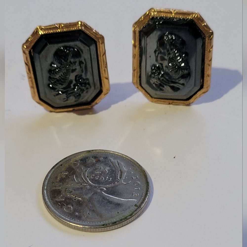 Gold and Black Cameo Clip On Earrings